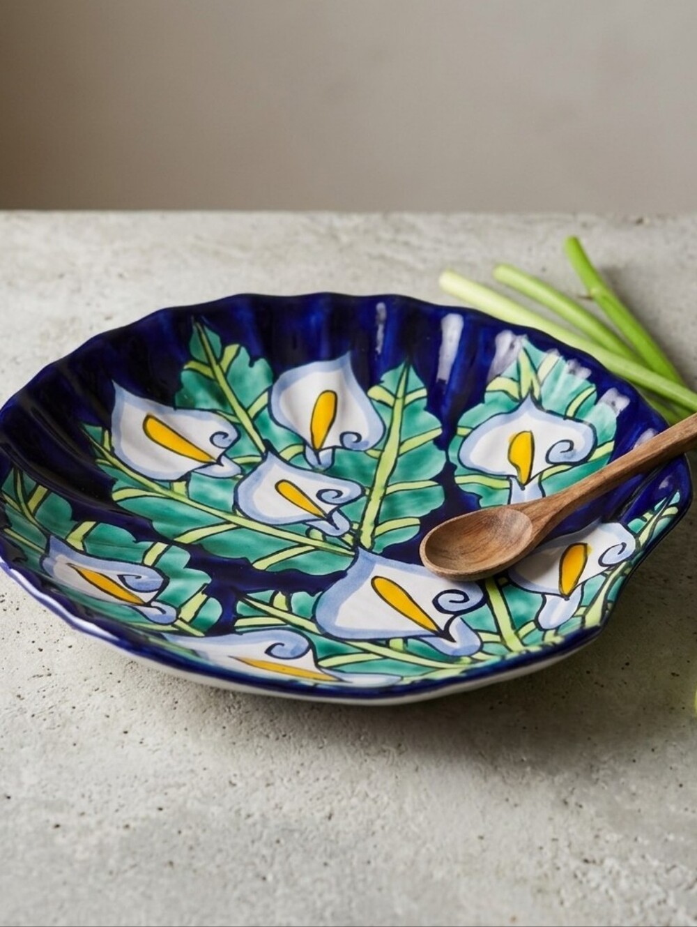 Vintage Mexican Talavera Redware Pottery Serving Dish With Lillies